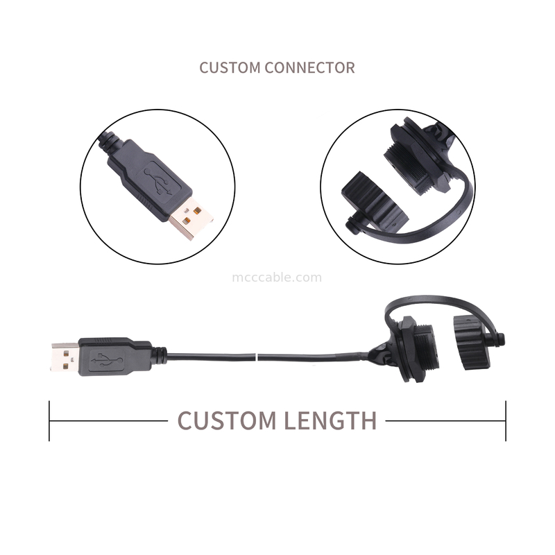 USB 2.0 शील्ड और कैप के साथ USB 2.0 के लिए एक महिला कनेक्टर को मापने के लिए बनाया गया एक USB केबल